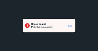 A MySubaru app notification with red exclamation icon, 'Check Engine' alert text, and a 'View' link for more details.