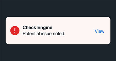 A MySubaru app notification with red exclamation icon, 'Check Engine' alert text, and a 'View' link for more details.