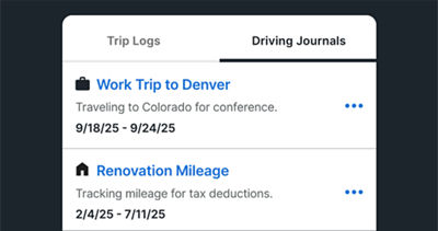 A menu of “Driving Journals” in a Subaru with a list of trips, with descriptions and dates.