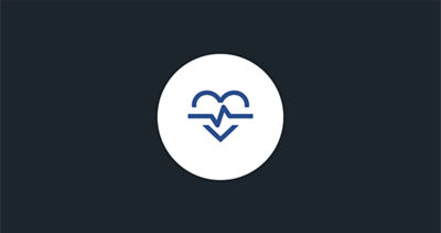 A white circle with a blue heart icon split by a jagged line representing a pulse.