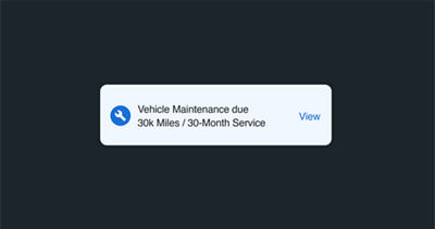 A MySubaru notification indicating Vehicle Maintenance Due at 30k Miles/30-Month Service.