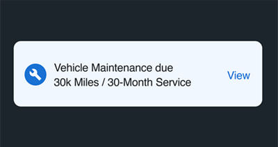 A MySubaru notification indicating Vehicle Maintenance Due at 30k Miles/30-Month Service.