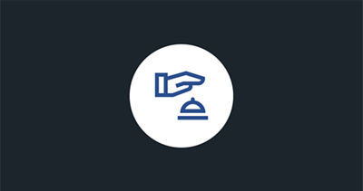 A blue icon of a hand pressing a bell on a white circle.