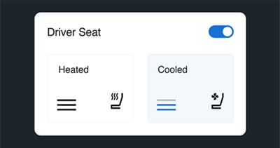 App screen image showing the car seat control panel with options to have a Heated or Cooled driver seat.