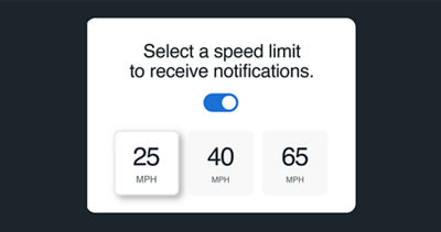 An app screen showing the Speed Limit alert UI with a toggle and buttons for 25, 40, and 65 MPH.