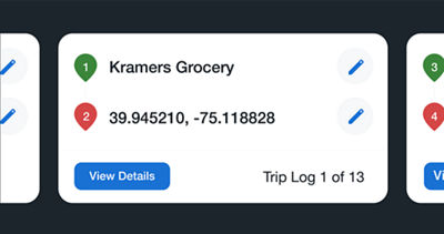 A MySubaru menu showing a past journey between “Kramer’s Grocery” and another location represented by coordinates.