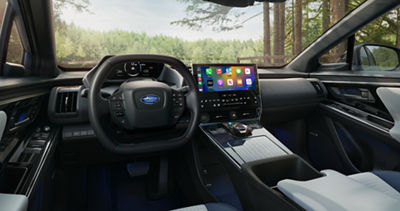The SubaruConnect multimedia touchscreen in the dash of a Subaru Solterra EV.