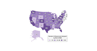United States map with states showing number of classrooms adopted by AdoptAClassroom.org through 2026