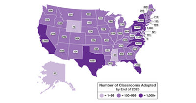 United States map with states showing number of classrooms adopted by AdoptAClassroom.org through 2024