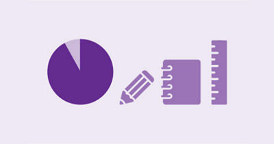 Group of purple school theme icons, including purple pie chart with 92% of chart a darker purple color