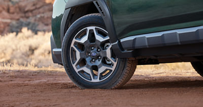 A close up of an alloy wheel on a Subaru Outback
