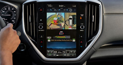 The 360-surround view monitor display on the touchscreen in an Ascent family SUV.