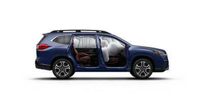 A side view of the Subaru Ascent family SUV with the safety airbags deployed.