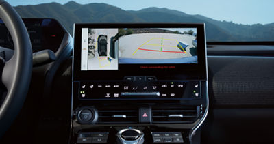 The 360-degree camera monitor in the dash of a Solterra electric SUV.