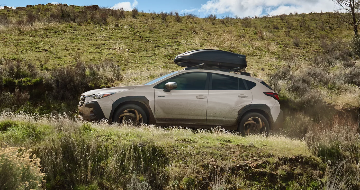 A Subaru Crosstrek with a roof box parked on a grassy hillside
