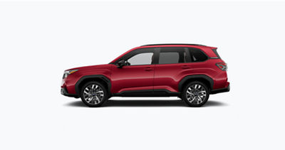 Side profile of a red 2026 Subaru Forester against a white background.