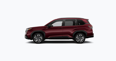 The profile of a 2026 Subaru Forester Hybrid in Dark Mahogany Pearl against a light gray background.
