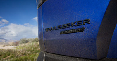 Close-up of the Subaru Trailseeker logo on the back of a 2026 Subaru Trailseeker EV SUV.