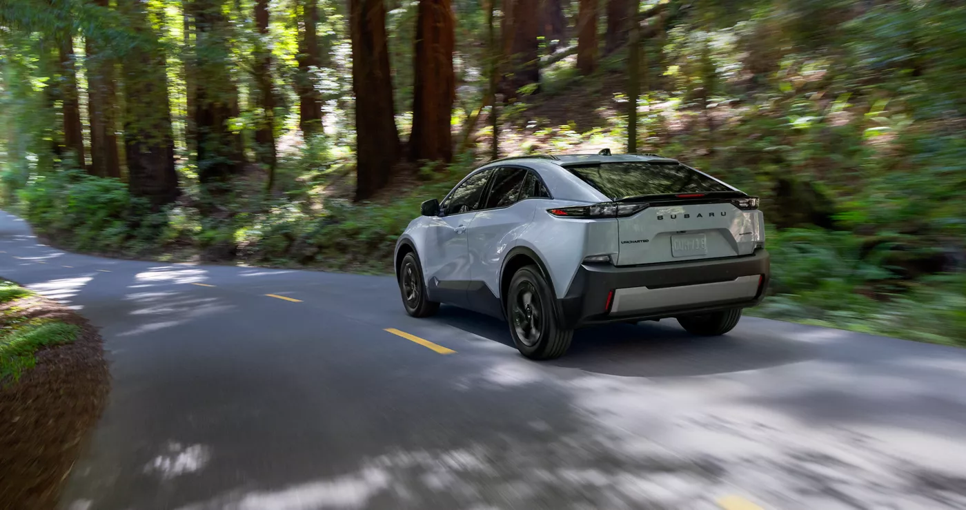 A silver Subaru Uncharted on a redwood road, seen from behind