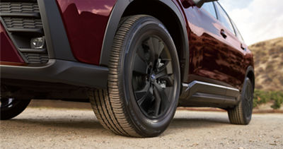 A close-up of an alloy wheel on a 2027 Subaru Ascent.