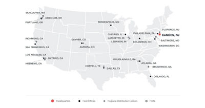 United States map with eight Subaru Regional Distribution Offices marked by blac