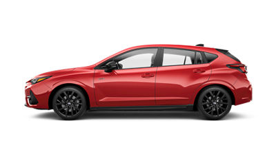 The left side of a red 2025 Subaru Impreza hatchback