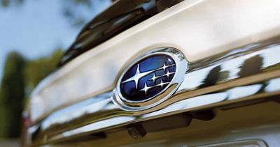 Subaru badge on back of vehicle.