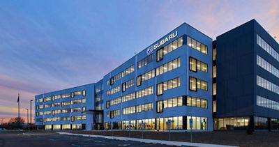 Subaru headquarters office building in the evening