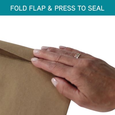 woman sealing Jiffy utility mailer with the caption "Fold flap and press to seal"
