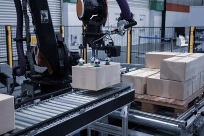 Industrial automated robot arm loading carton on conveyor