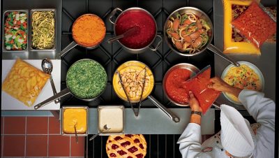 vue aérienne de cuisiniers préparant des sauces