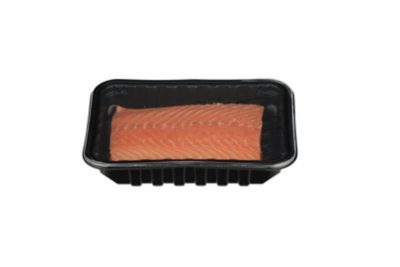 salmon inside a black unprinted lid film tray