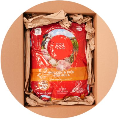 dog food in box with paper void fill