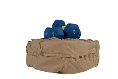 20 pound dumbbells resting on coiled paper