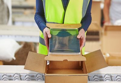 man in neon green vest placing a tablet into a cardboard box