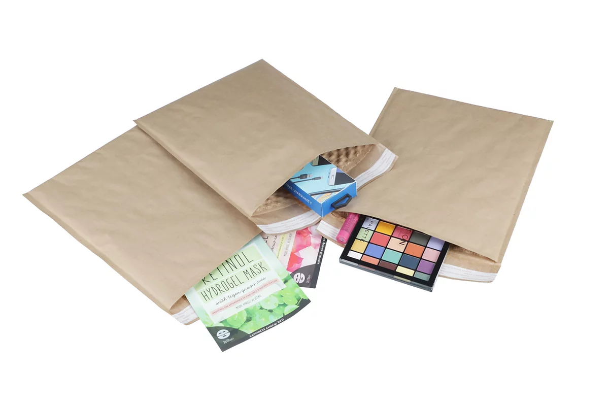 cosmetics packed in paper bubble mailer