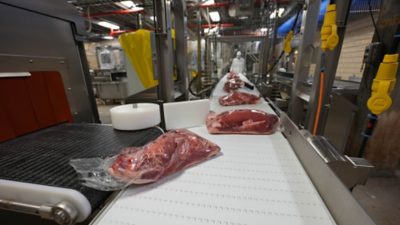 meat packaging on a conveyor belt