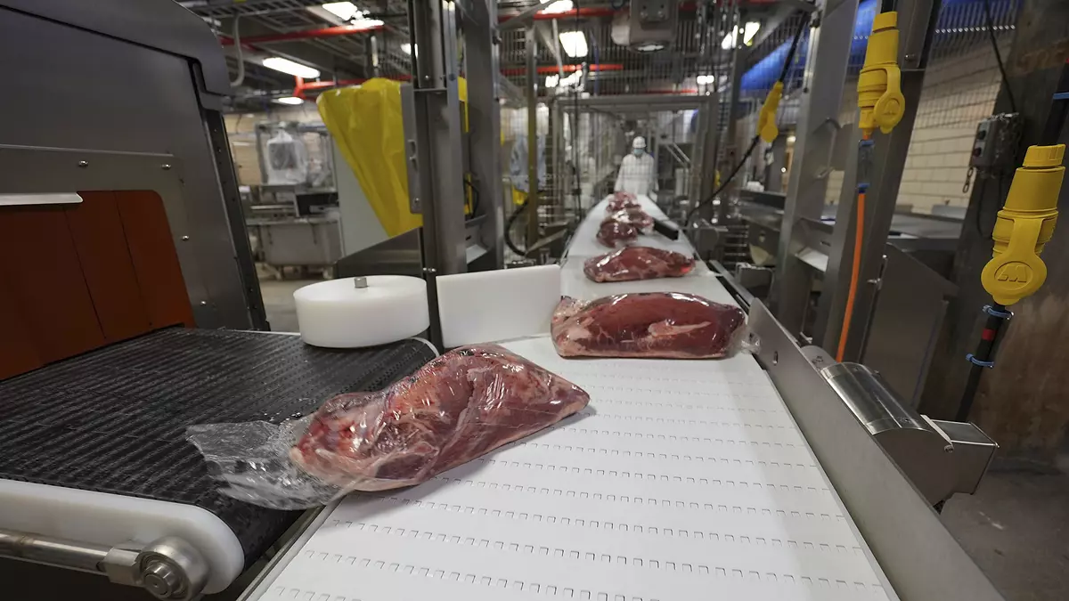 meat packaging on a conveyor belt