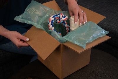 cardboard box filled with inflatable pillows and dog toys