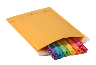 colored pens inside a yellow BUBBLE WRAP JiffyLite Mailer