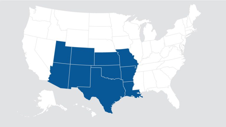 Map showing the Southwest Central Region states