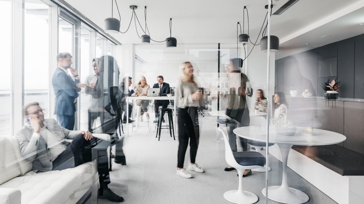 Coworkers connect in a coworking space