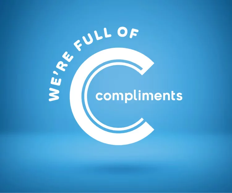 Compliments brand badge with blue background and circular design