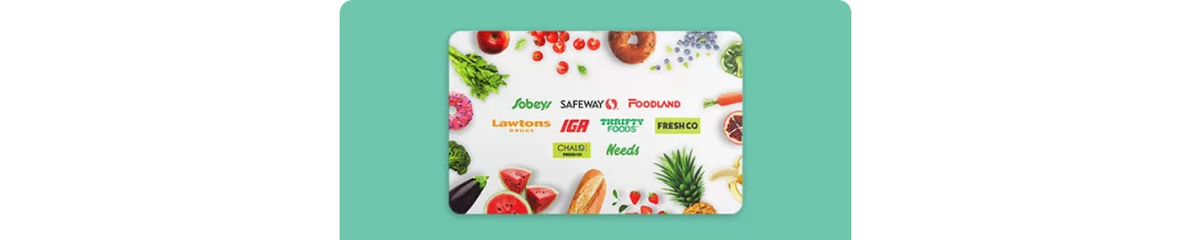 Sobeys gift card graphic featuring grocery store brand logos and fresh food.