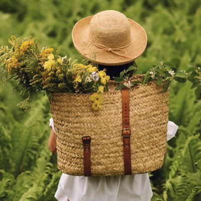 French Market Bag - Handwoven Palm Leaf Bag with Leather Handles and Shoulder Straps