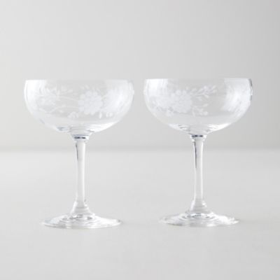 Set of 2 Etched Champagne Coupe Glasses Floral Wheat Dot Pattern 4 Ounce  4.5”