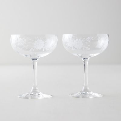 Vintage Etched Floral Coupe Wine Glasses. Set of 4