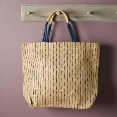 Two Tone Woven Stripe Straw Tote Bag