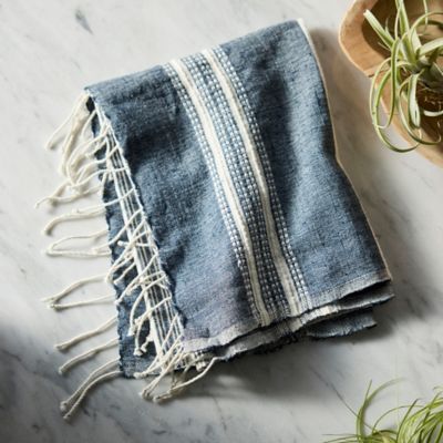 Fringed Cotton Hand Towel, Blue Stripe