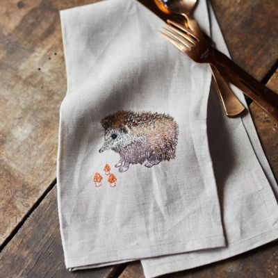 Hedgehog + Mushrooms Linen Dish Towel